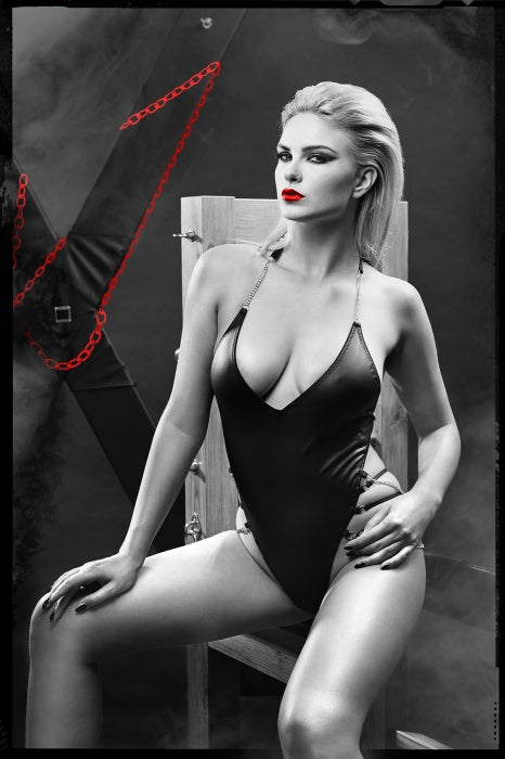 Matte Wet Look Strappy Thong Chained Teddy