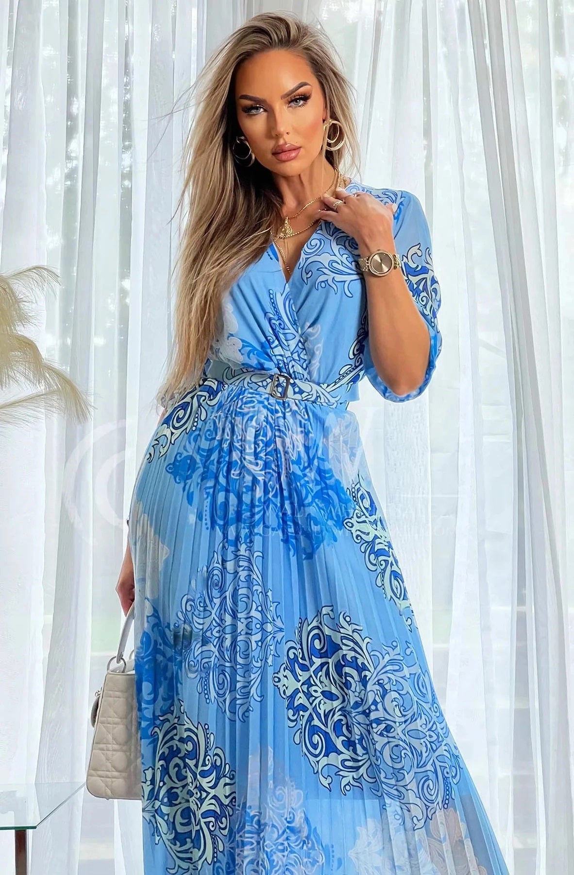 Rosalind Paisley Chiffon Pleated Maxi Dress-Blue