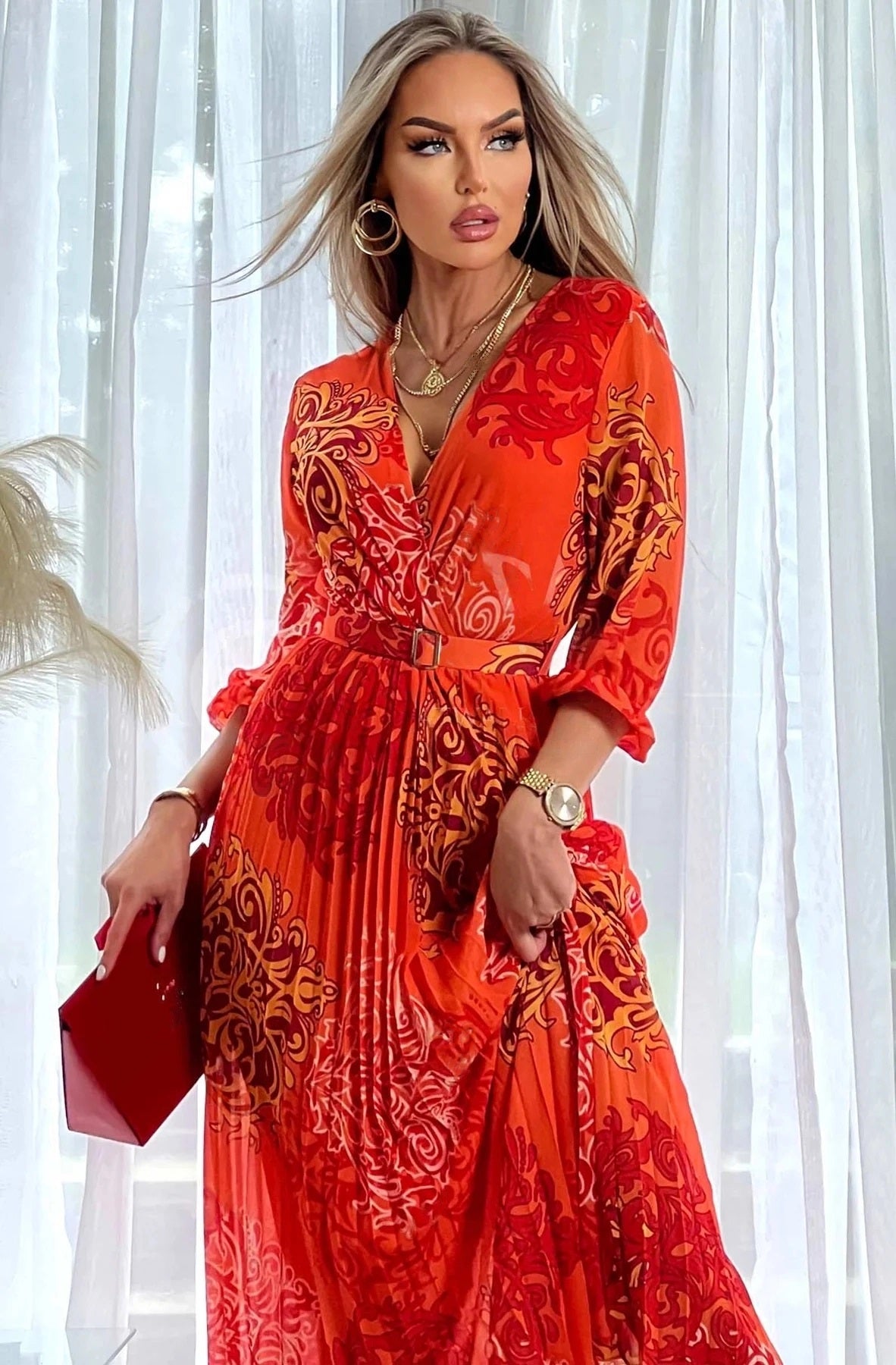 Rosalind Paisley Chiffon Pleated Maxi Dress-Orange