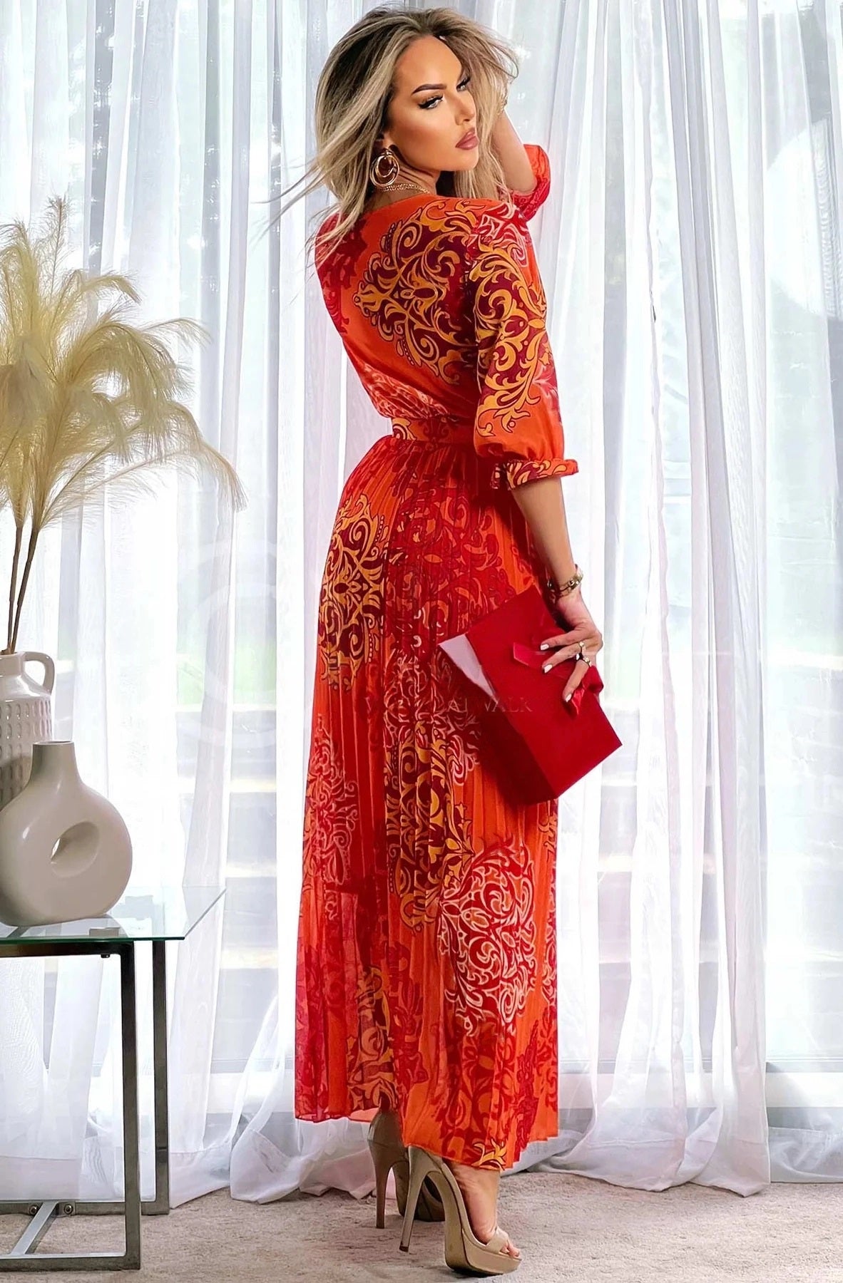 Rosalind Paisley Chiffon Pleated Maxi Dress-Orange